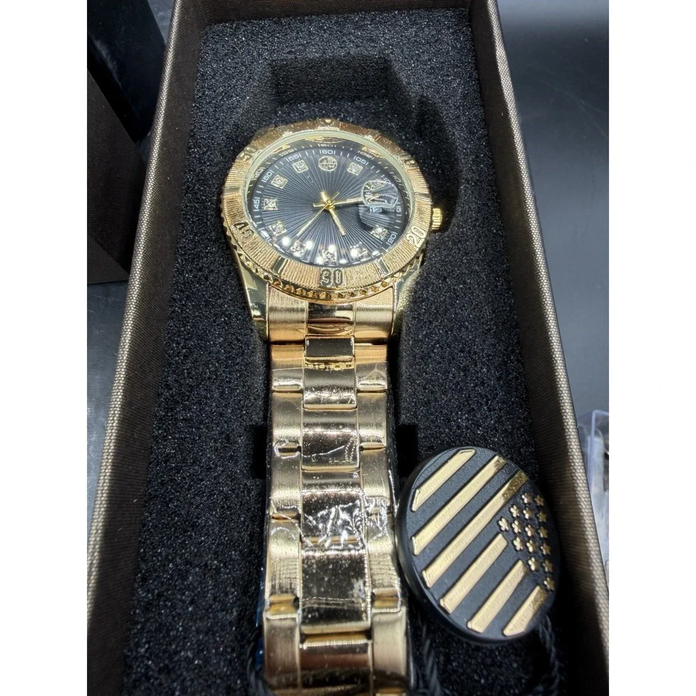 AJ USA Men's Gold‑Tone Metal Link Watch w/ Black Dial & Crystal Hour Markers ⌚✨